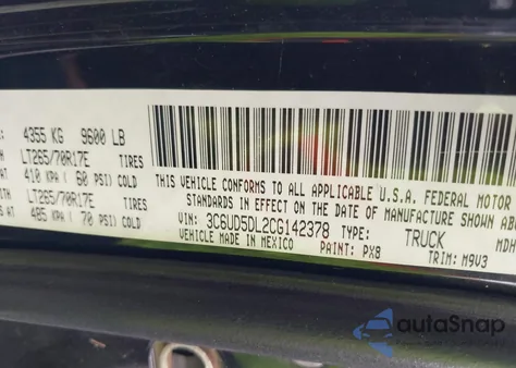 2012 Ram 2500 Slt z USA, uszkodzony, nr VIN 3C6UD5DL2CG142378